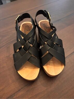 Jax & Bard Handcrafted Wooden Black Leather Sandals with Gold-Tone Studs